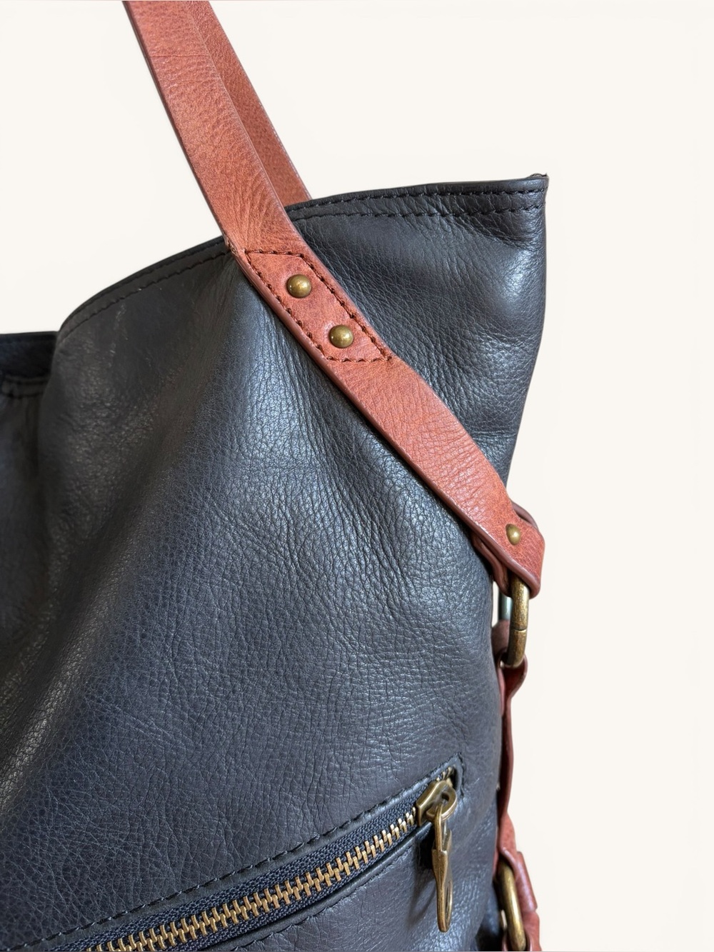 Lucky Brand Black Leather Tote with Brown Straps - Picture 9 of 16